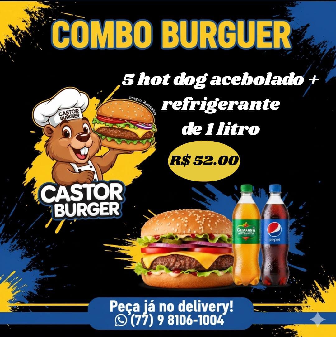 Combo 5 hot dog e acebolado + refrigerante de 1 litro